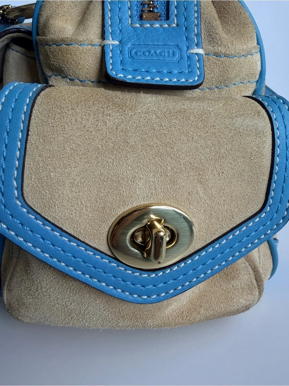 Vintage Coach Tan Suede Gallery Tote with Teal details